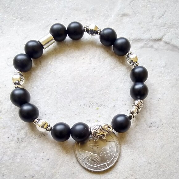 Chunky Black & Silver Elephant Lovers Stretch Bracelet - Black Stone Beads 7.5" - Picture 4 of 7